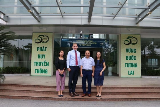 Giang Nguyen and Mikael Nastamo outside Traphaco’s Hung Yen factory plant. Giang Nguyen and Mikael Nastamo outside Traphaco’s Hung Yen factory plant.